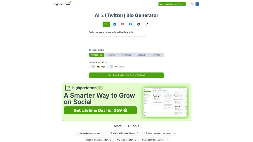 HighPerformer Social Bio website
